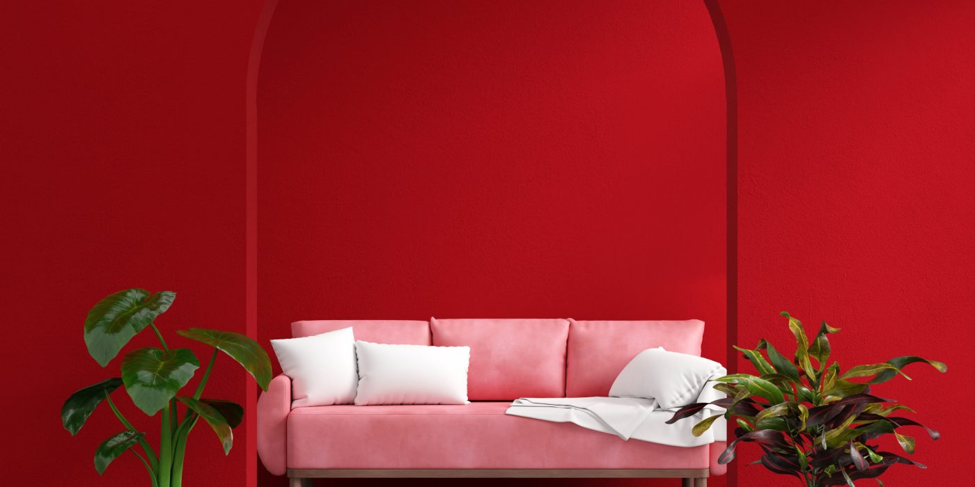 Sofa in red living room interior with copy space for mock up, 3D rendering